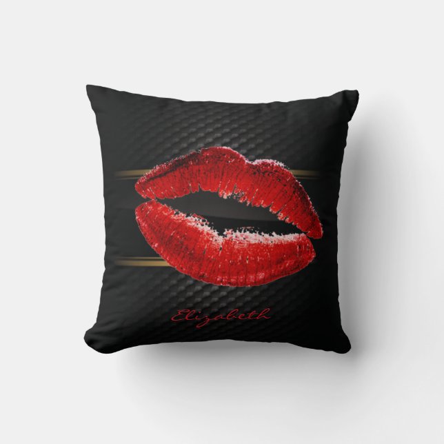 Modern Stylish Glitter Red Lips,Black-Personalized Throw Pillow (Front)