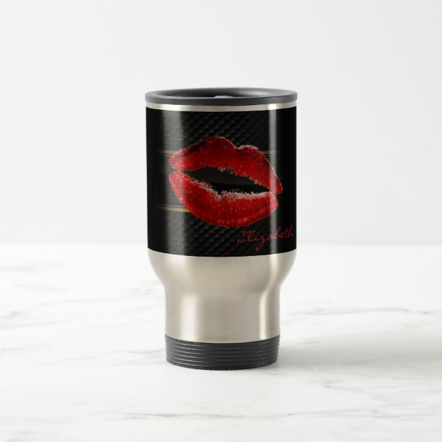 Modern Stylish Glitter Red Lips,Black-Personalized Travel Mug (Center)