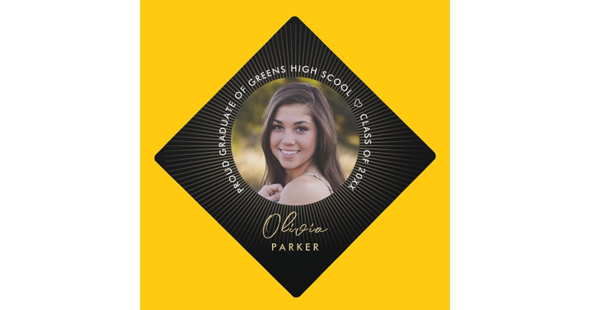 Modern Stylish Gold Black Graduation Photo Cap Topper | Zazzle