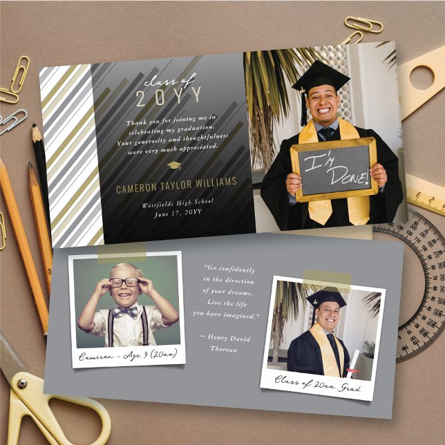Modern Stylish Gold Grey Stripes Photo Graduation Thank You Card (Modern Gold & Grey Preppy Stripes Photo Classic Graduation Thank You Card @ zazzle.com/color_therapy)
