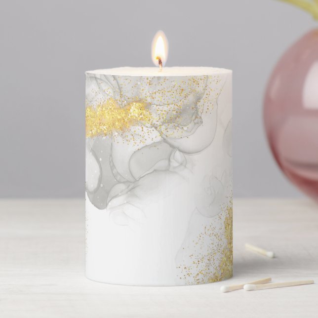 Modern Stylish Gold Grey White Vivid Marble Agate Pillar Candle (In Situ)