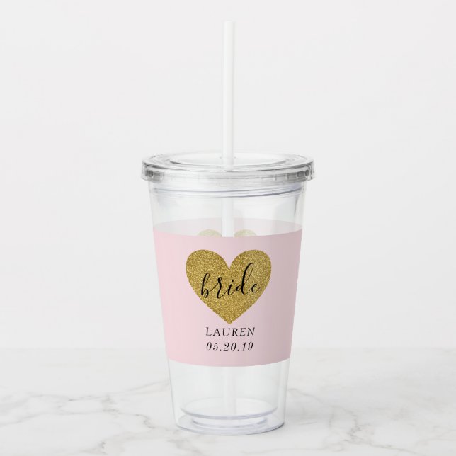 Modern Stylish Gold Heart Personalized Bride Acrylic Tumbler (Front)