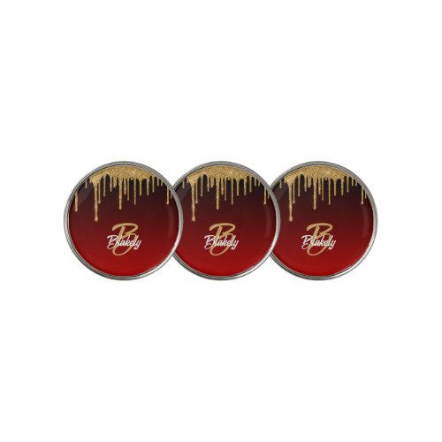 Modern Stylish Gold Red Glitter Drip Monogram Golf Ball Marker