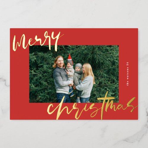 modern stylish gold  red photo merry christmas foil holiday card