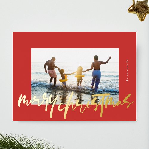 modern stylish gold  red photo merry christmas foil holiday card