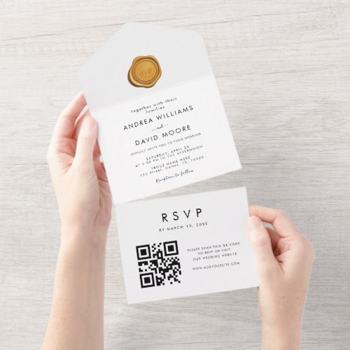 Modern Stylish Gold Wax Seal QR Code RSVP Wedding All In One Invitation