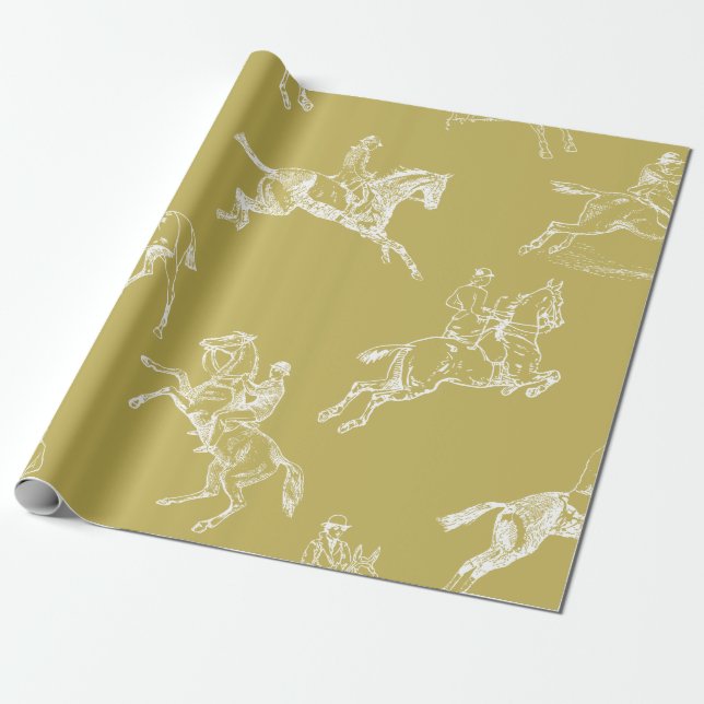 Modern Stylish Gold White Horseback Riding Toile Wrapping Paper (Unrolled)