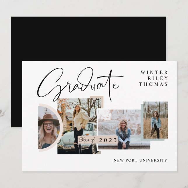 Modern Stylish Graduation Four Photo Collage Grad Invitation (Front/Back)