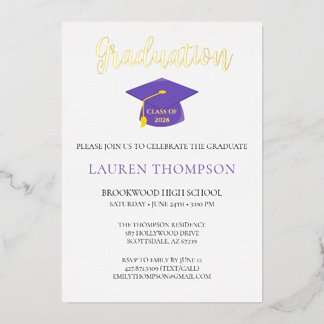 Modern Stylish Graduation Photo Purple Gold Foil Invitation (Front)