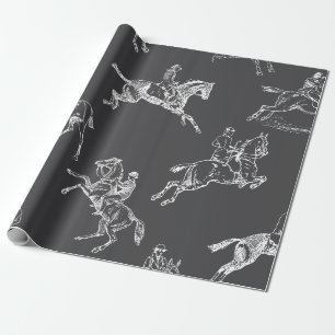 Modern Stylish Gray White Horseback Riding Toile Wrapping Paper