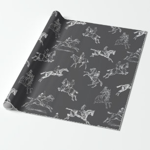 Modern Stylish Gray White Horseback Riding Toile Wrapping Paper