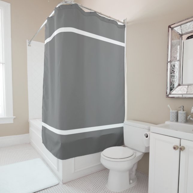 Modern Stylish Gray White Top Bottom Edge Stripes Shower Curtain (In Situ)
