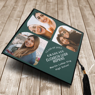 Modern Stylish Green 3 Photo Collage  Graduation Cap Topper