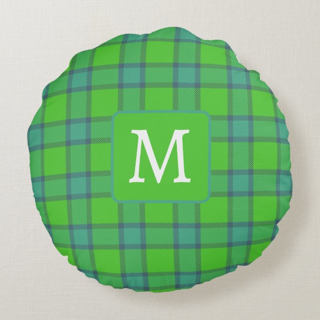 Modern stylish green &blue Plaid monogram Round Pillow (Back)