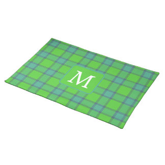 Modern stylish green &blue Plaid tartan monogram Cloth Placemat