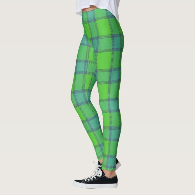 Modern stylish green &blue Plaid tartan pattern Leggings (Left)