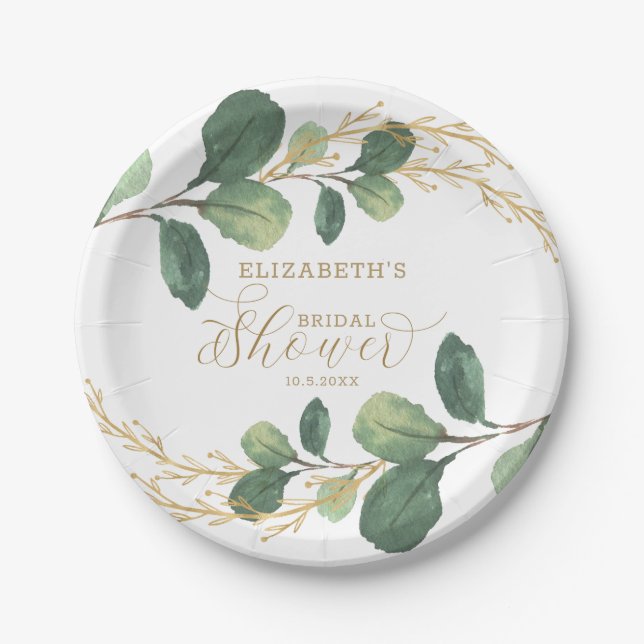 Modern + Stylish Green Gold Greenery Bridal Shower Paper Plates (Front)