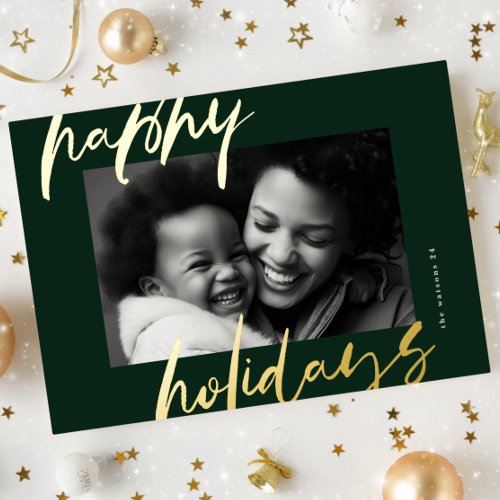 modern stylish green  gold photo happy foil holiday card