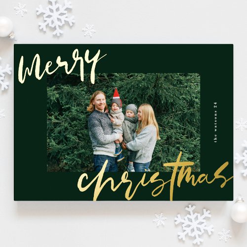 modern stylish green  gold photo merry christmas foil holiday card