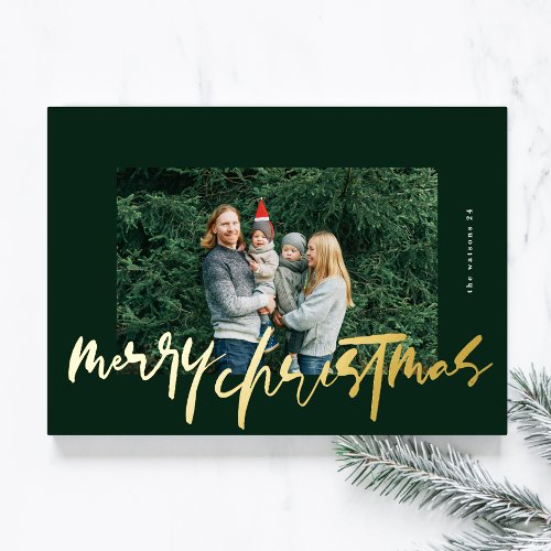 modern stylish green  gold photo merry christmas foil holiday card