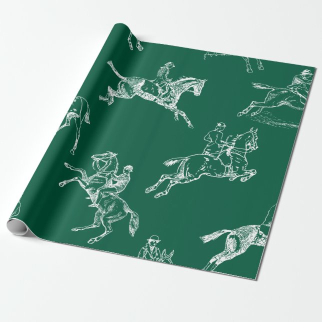 Modern Stylish Green White Horseback Riding Toile Wrapping Paper (Unrolled)