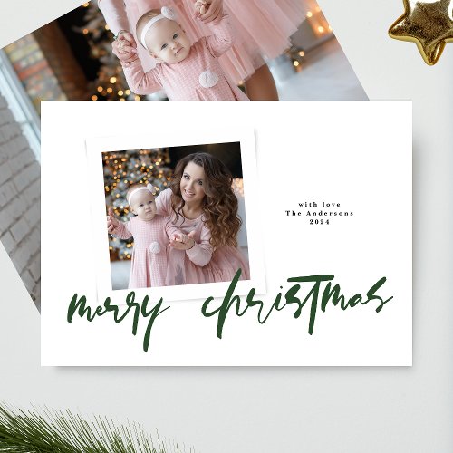 modern stylish greens white merry christmas photo holiday card