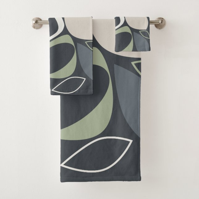 Modern Stylish Grey Sage Green Abstract Pattern Bath Towel Set (Insitu)