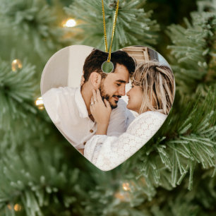 Modern Stylish Heart Shaped 2 Custom Couple Photo Ceramic Ornament