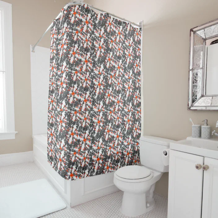 Modern Stylish Ikat Abstract Orange, Grey Ikat Shower Curtains
