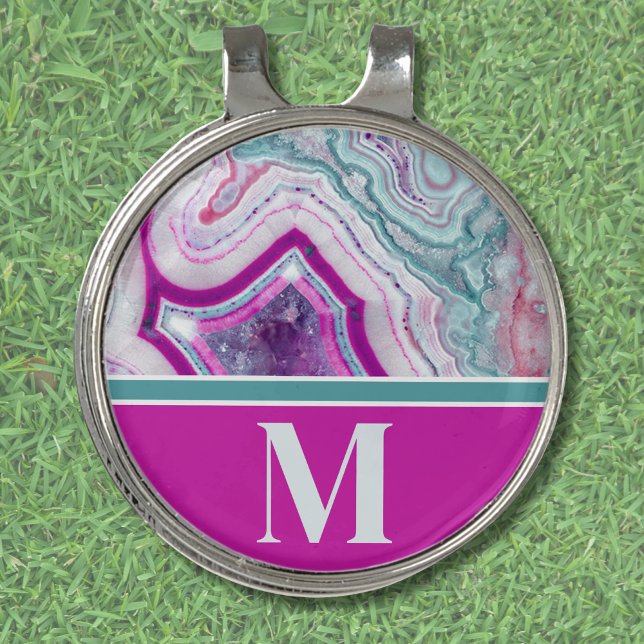 Modern Stylish Initial Monogrammed Golf Hat Clip (Modern Turquoise Pink Agate Stone Initial Name Golf Hat Clip)
