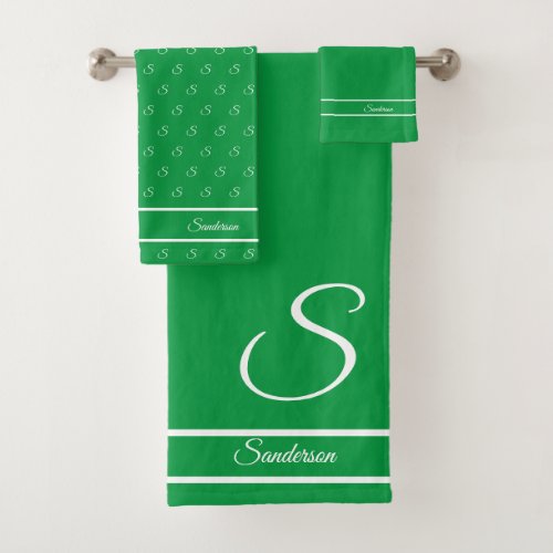  Modern Stylish Kelly Green and White Monogram Bath Towel Set