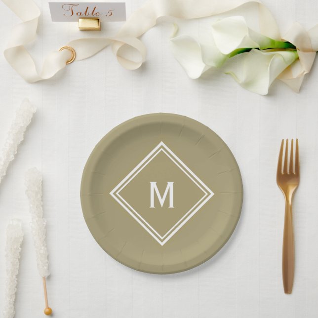 Modern Stylish Khaki Tan Custom Monogram Paper Plates (Wedding)