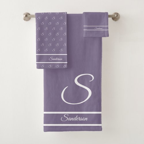  Modern Stylish Lavender Purple White Monogram Bath Towel Set