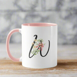 Modern Stylish Letter W Black Script Floral  Mug