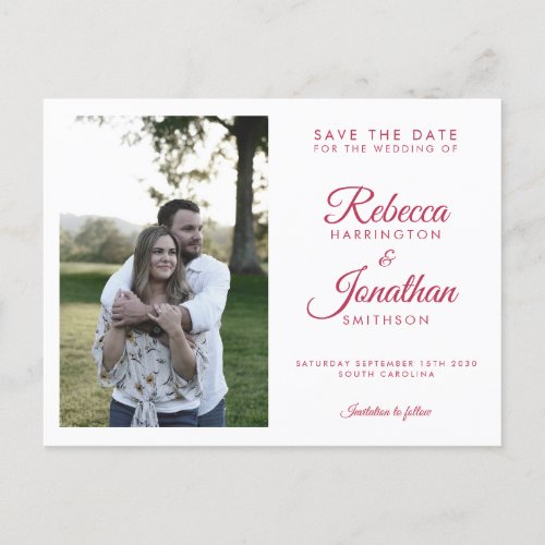 Modern Stylish Magenta Photo Wedding Save The Date Invitation Postcard