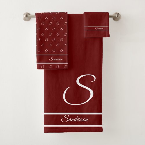  Modern Stylish Maroon Red n White Monogram Bath Towel Set