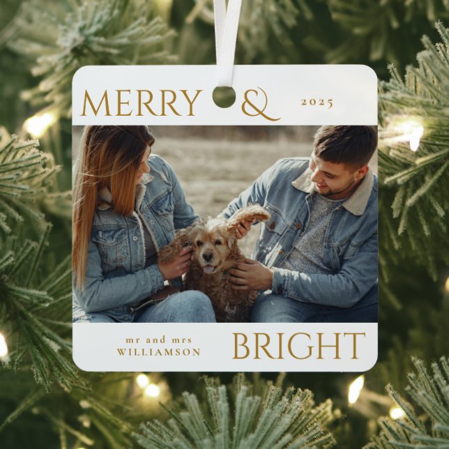 Modern Stylish Merry Christmas Family Photo Gold Metal Ornament (Insitu)