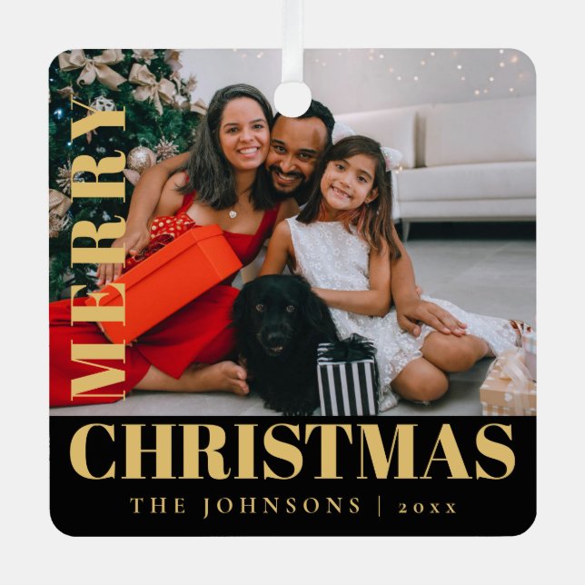 Modern Stylish Merry Christmas Family Photo Metal Ornament (Front)