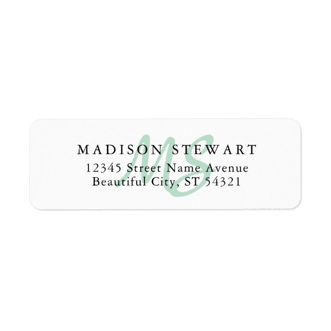 Modern Stylish Mint Green Brush Script Monogram Label (Front)