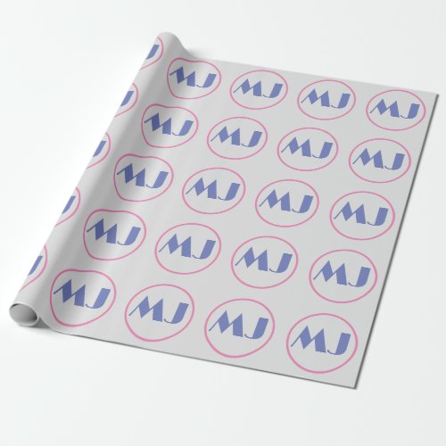 Modern Stylish Monogram Blue Initial Letters Grey Wrapping Paper