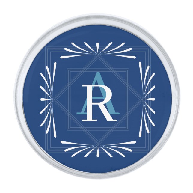 Modern Stylish Monogram Blue Silver Finish Lapel Pin (Front)