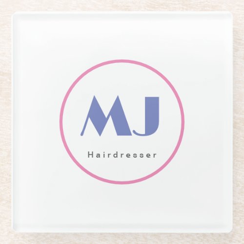 Modern Stylish Monogram Blue White Hairdresser Glass Coaster