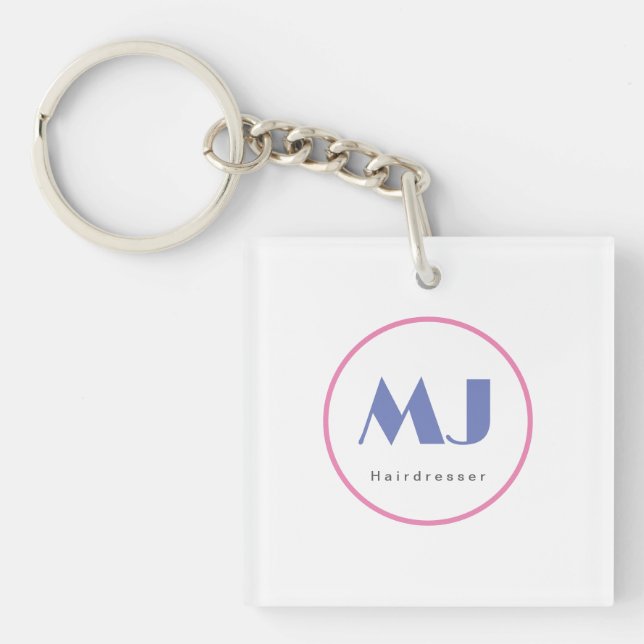 Modern Stylish Monogram Blue White Hairdresser Keychain (Front)