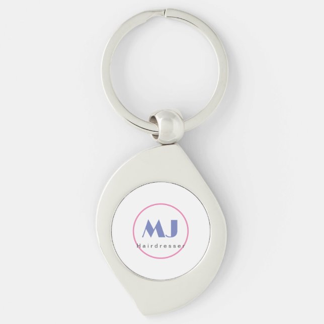 Modern Stylish Monogram Blue White Hairdresser Keychain (Front)
