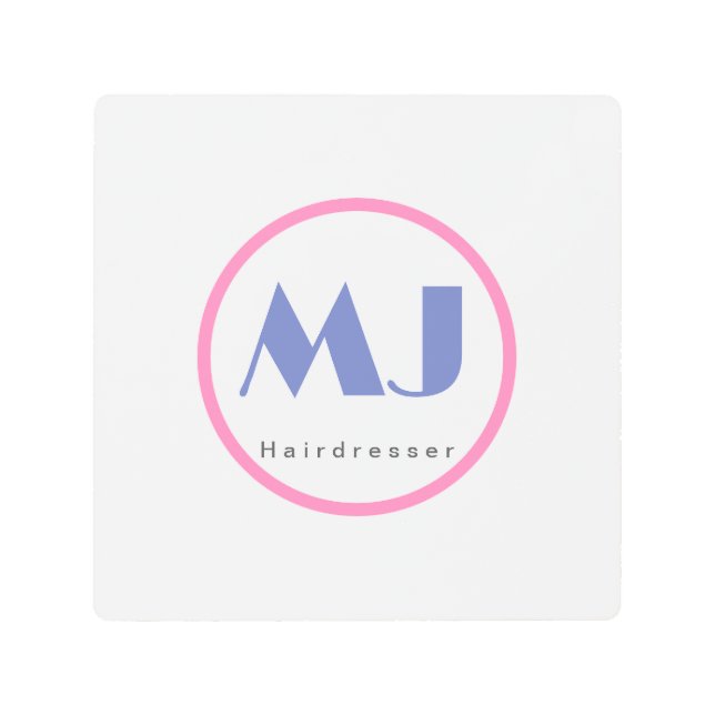 Modern Stylish Monogram Blue White Hairdresser Metal Print (Front)
