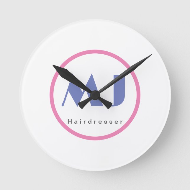 Modern Stylish Monogram Blue White Hairdresser Round Clock (Front)