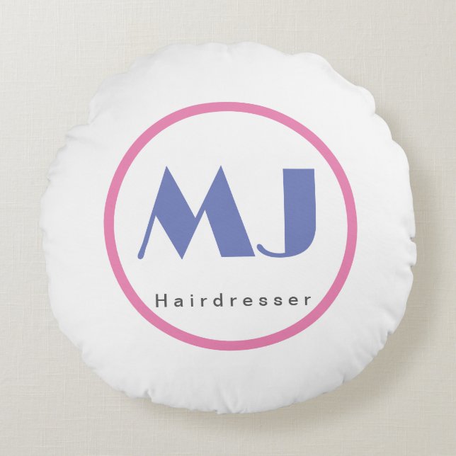 Modern Stylish Monogram Blue White Hairdresser Round Pillow (Front)