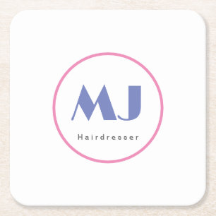 Modern Stylish Monogram Blue White Hairdresser Square Paper Coaster