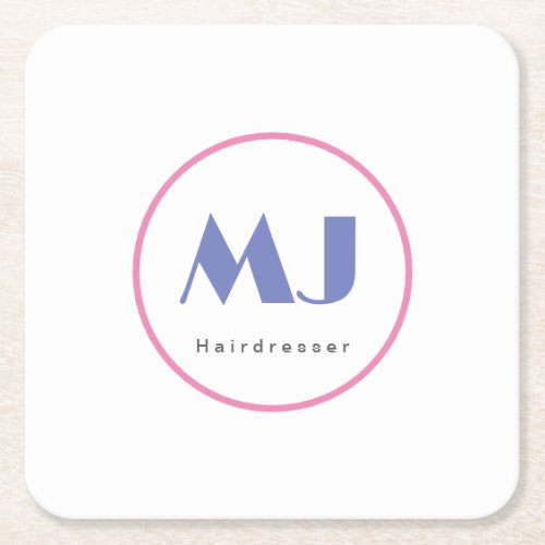 Modern Stylish Monogram Blue White Hairdresser Square Paper Coaster