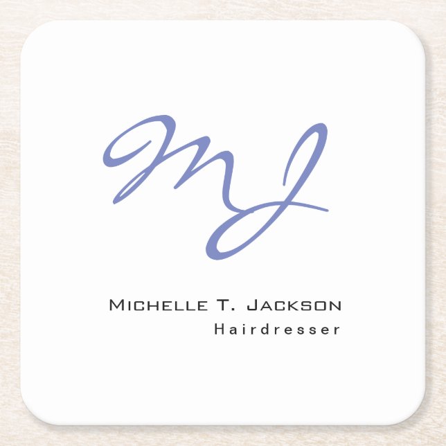 Modern Stylish Monogram Blue White Hairdresser Square Paper Coaster (Front)